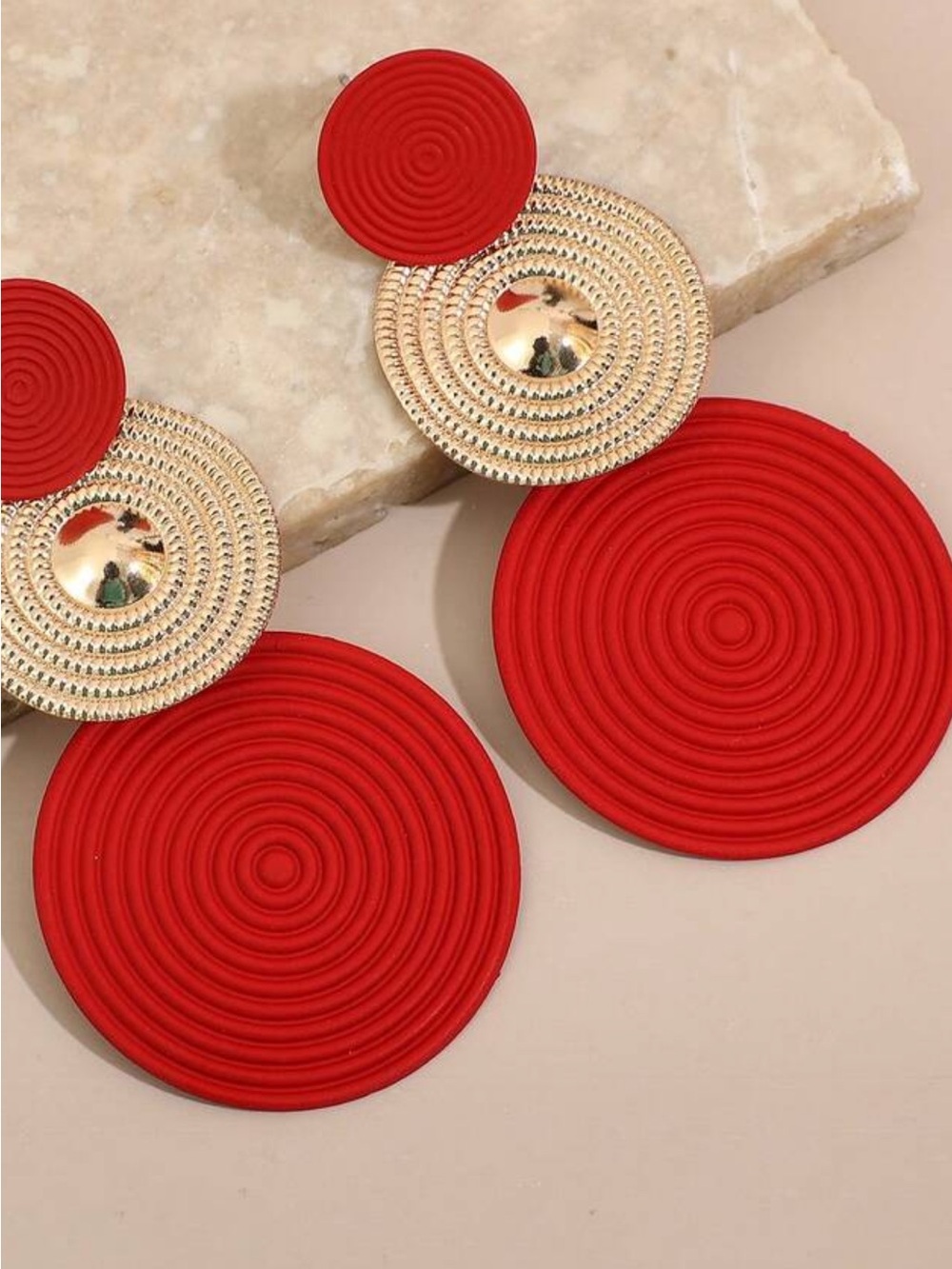 Red & Gold Statement Disc Drop Earrings